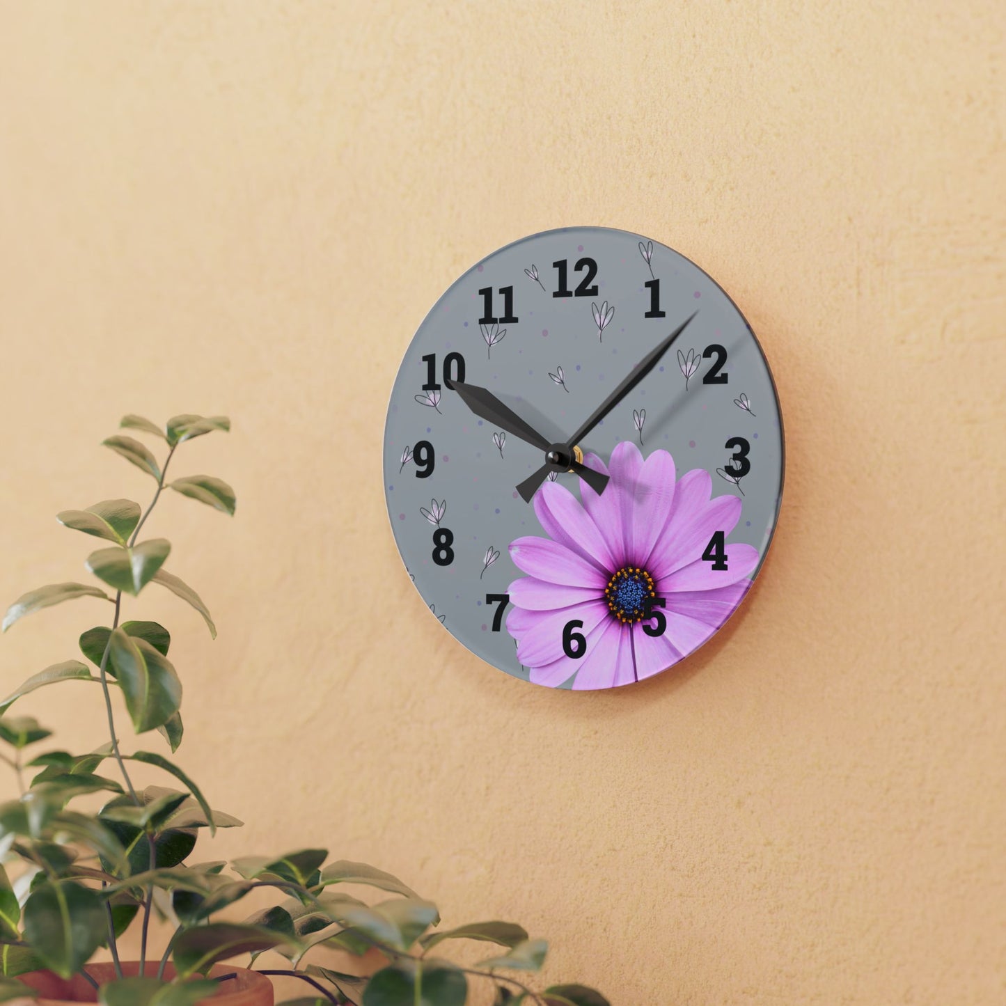 Floral Acrylic Wall Clock Spring Decor, Home Office Accessory