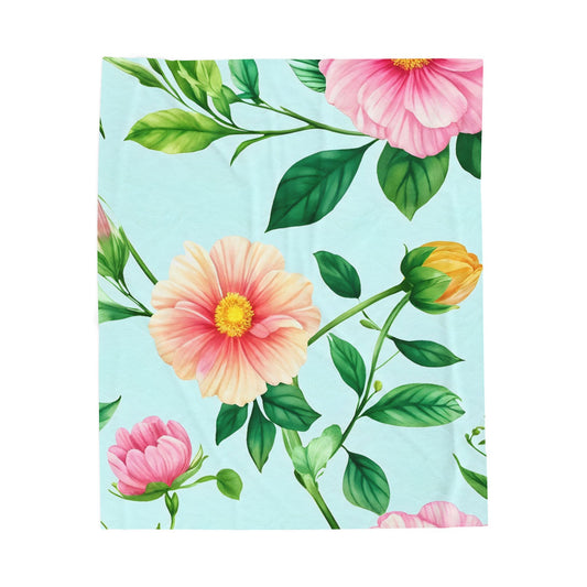 Floral Velveteen Plush Blanket — Pastel Pink & Mint Flower Throw