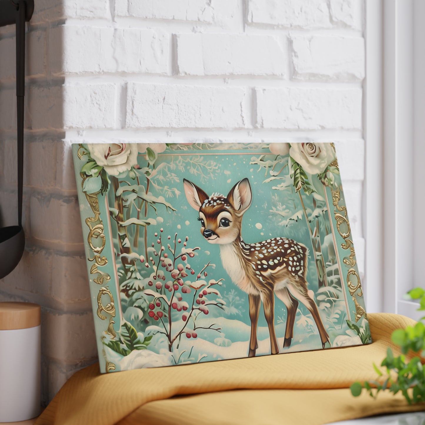 Winter Forest Deer Glass Cutting Board, Kitchen Décor, Unique Gift, Holiday Entertaining, Rustic Home Decor, Woodland Animal Design