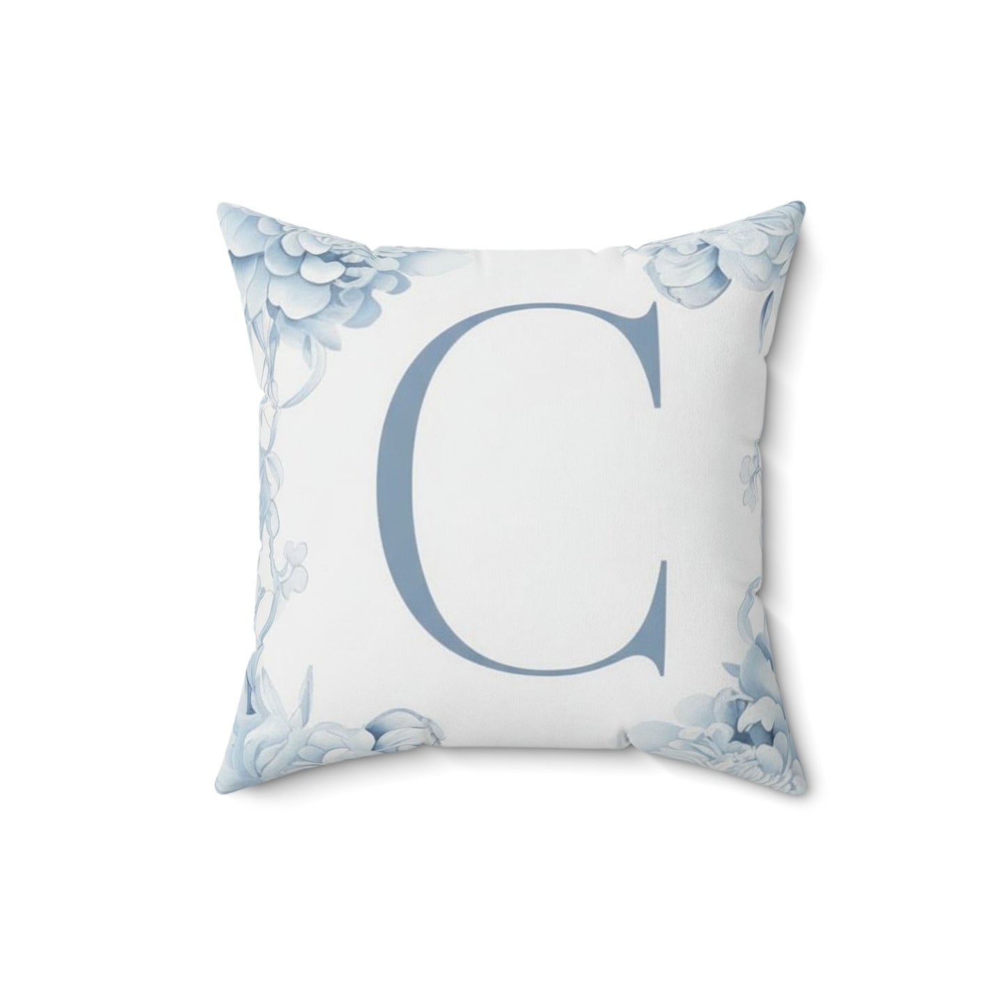 Monogram C Floral Pillow — Blue Initial Square Throw Pillow