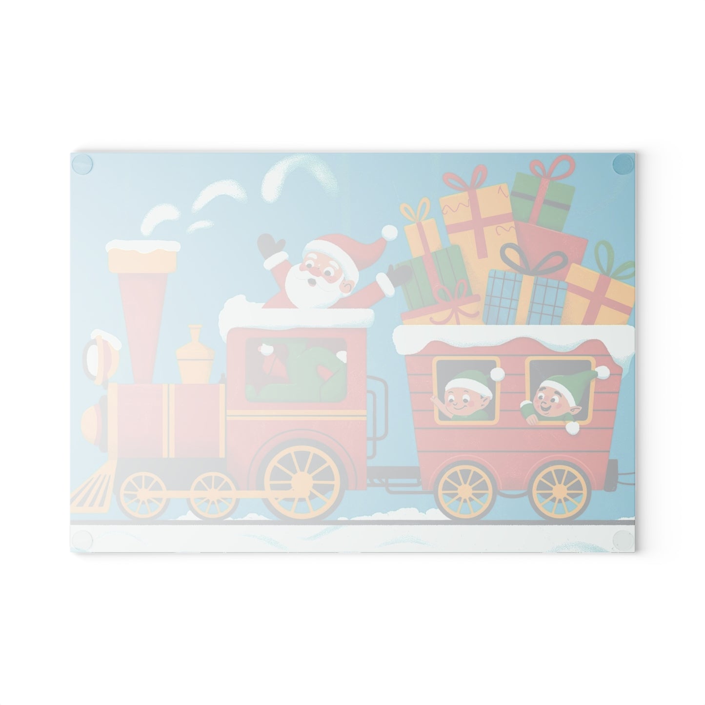 Christmas Santa Train Glass Cutting Board — Festive Holiday Kitchen Decor