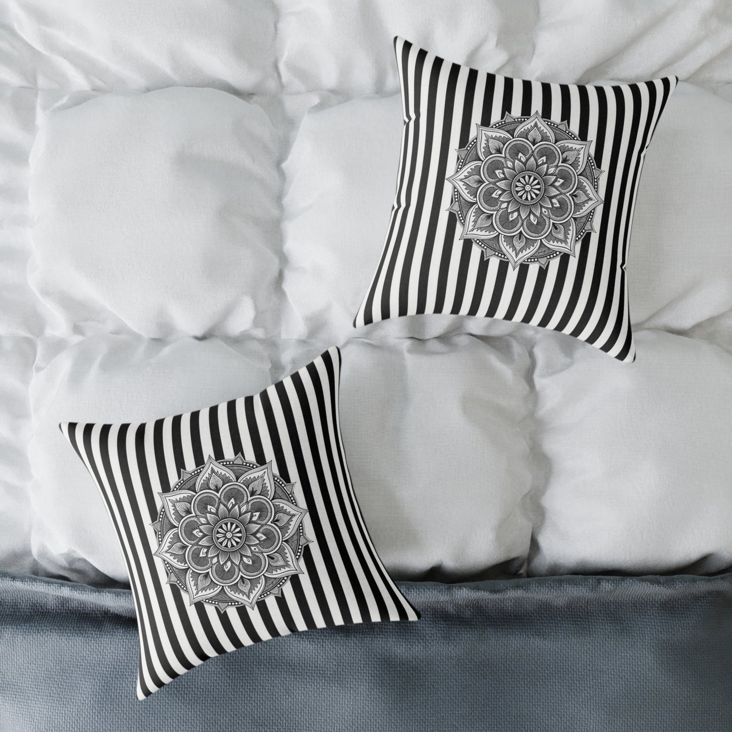 Boho Black & White Striped Mandala Pillow - Square Decorative Throw Cushion