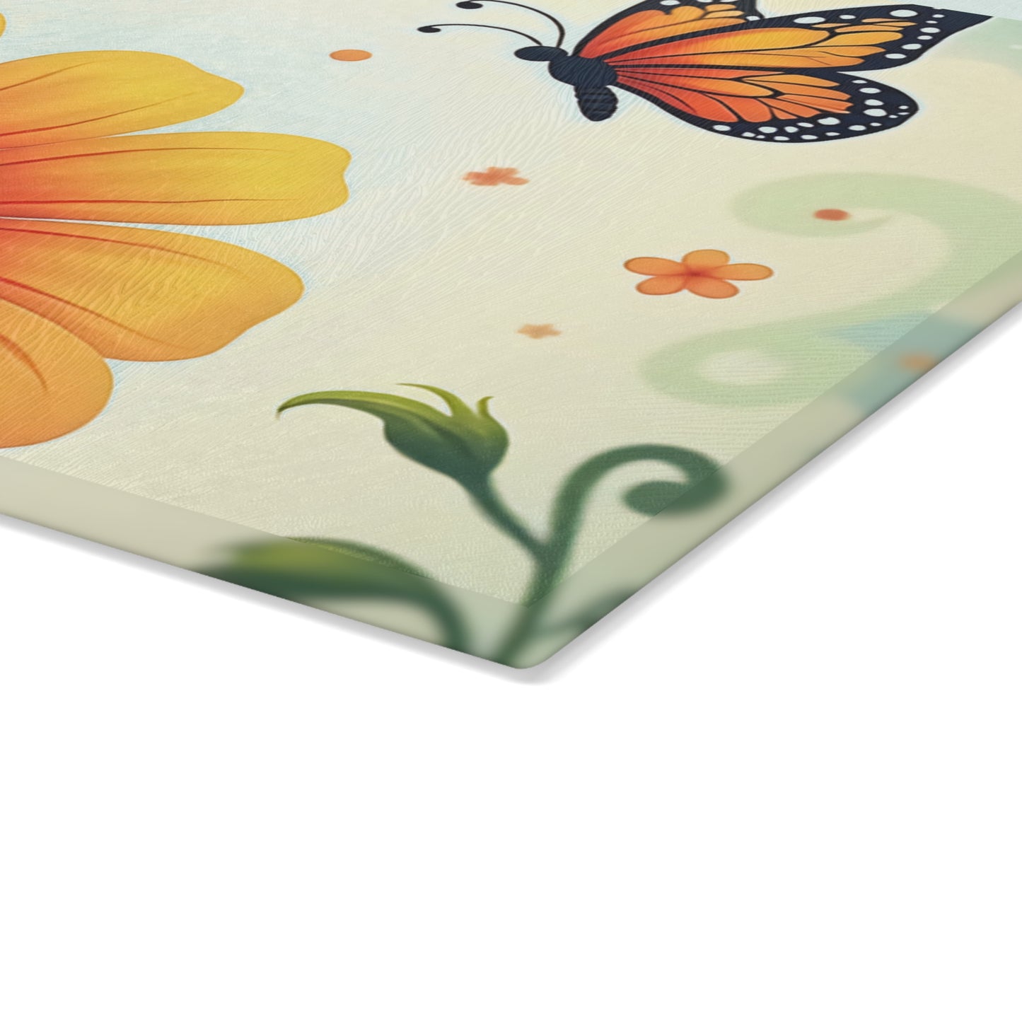 Cheerful Floral Glass Cutting Board, Kitchen Decor, Gift for Home, Cooking Accessory, Butterfly Artwork, Spring Inspired