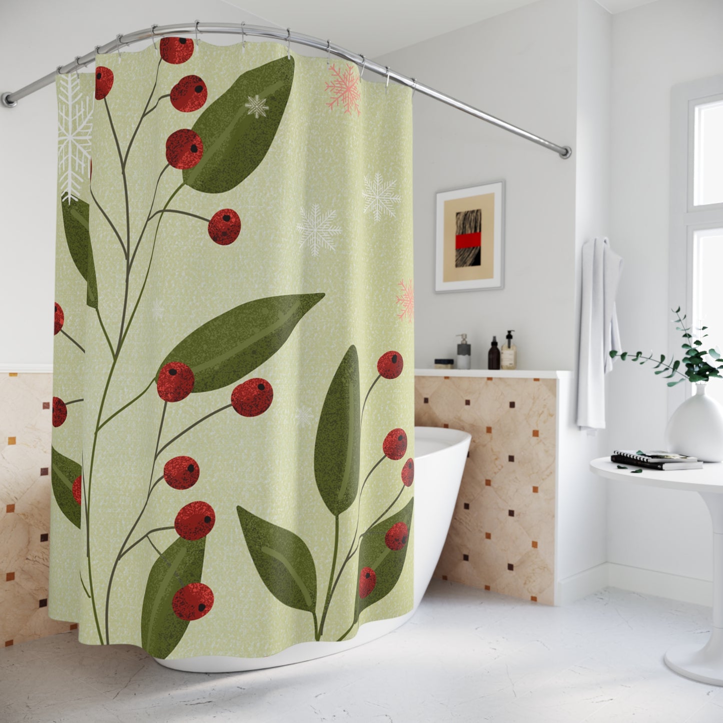 Festive Floral Shower Curtain, Winter Decor, Holiday Bathroom Accessory, Christmas Gift, Cozy Home