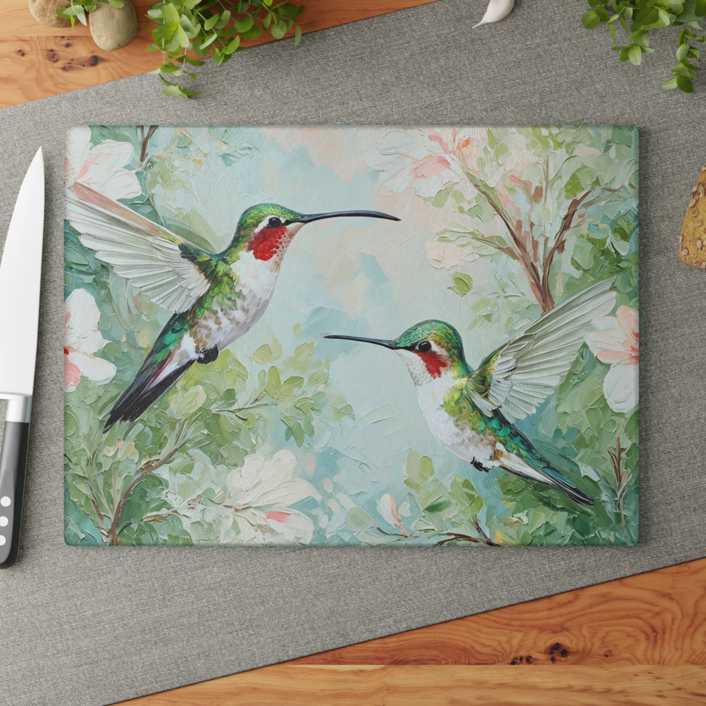 Hummingbird Glass Cutting Board – Floral Kitchen Art Serving Board