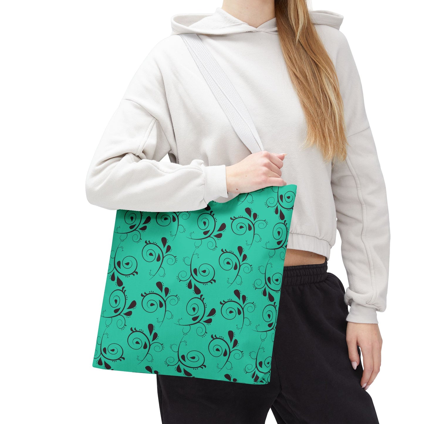 Turquoise Floral Swirl Tote Bag – All-Over Print Stylish Shopping Bag