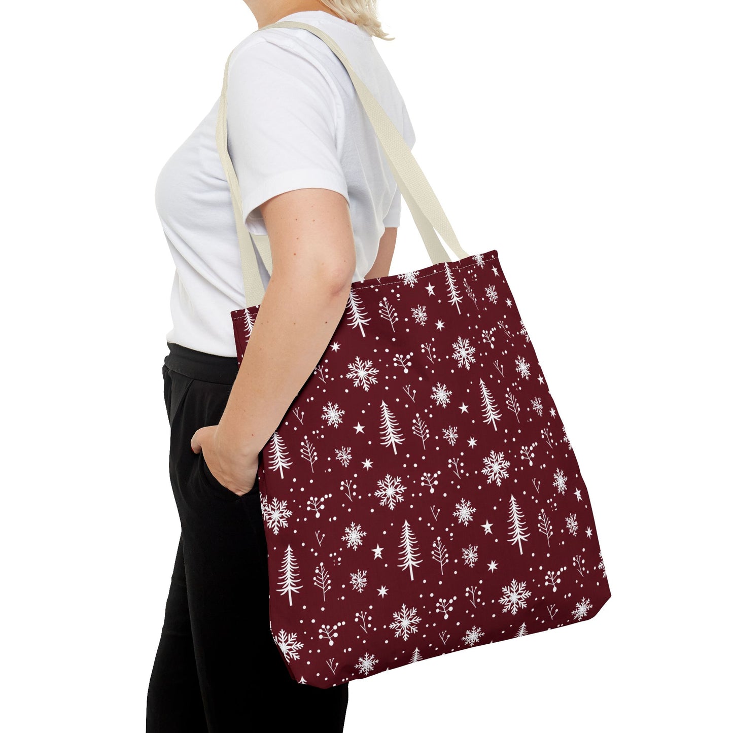 Christmas Snowflake Tote Bag – Burgundy Holiday Patterned Carryall