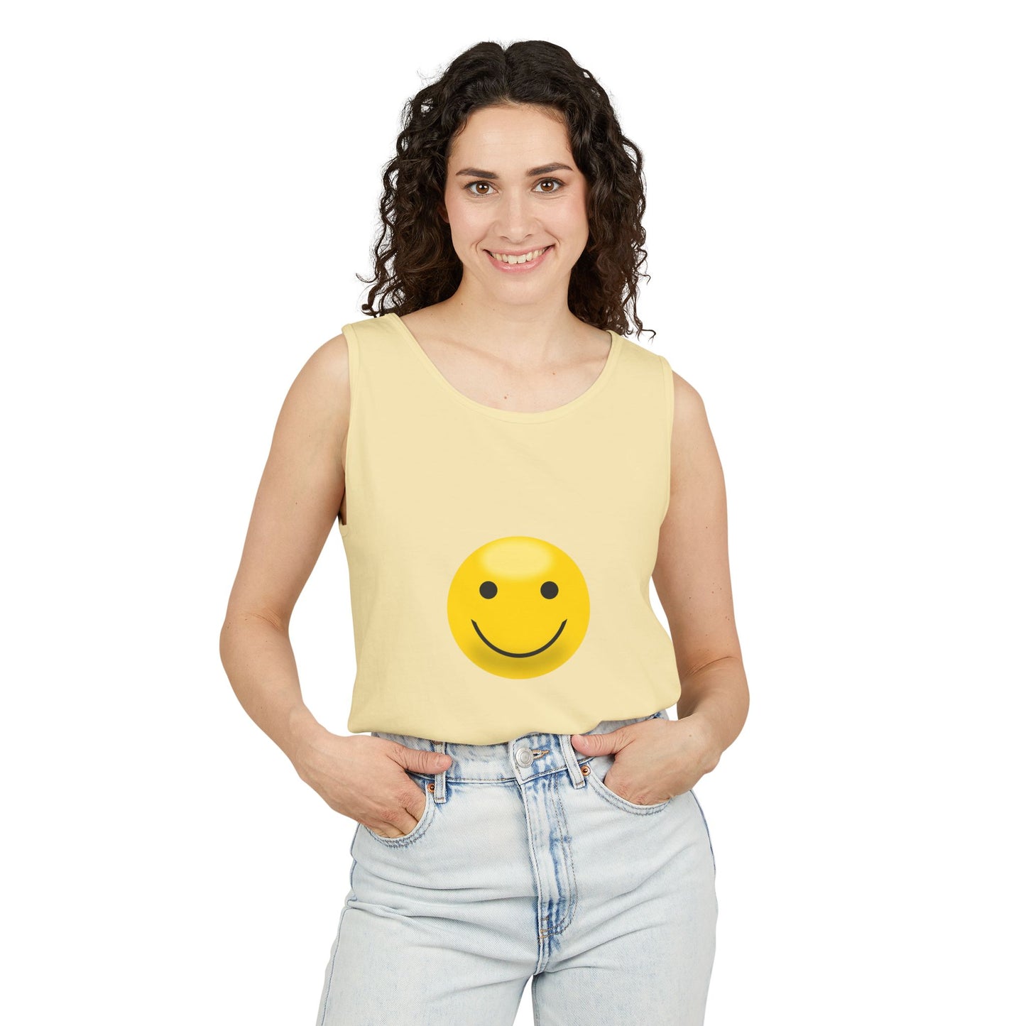 Smiley Face Tank Top, Summer Shirt, Casual Wear, Beach Outing, Gift for Friends, Positive Vibes Apparel