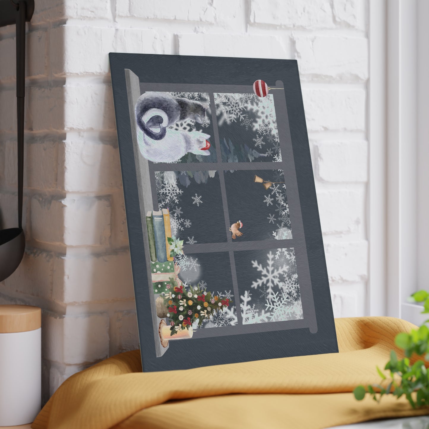 Glass Cutting Board - Cozy Winter Cats by Window Holiday Kitchen Decor