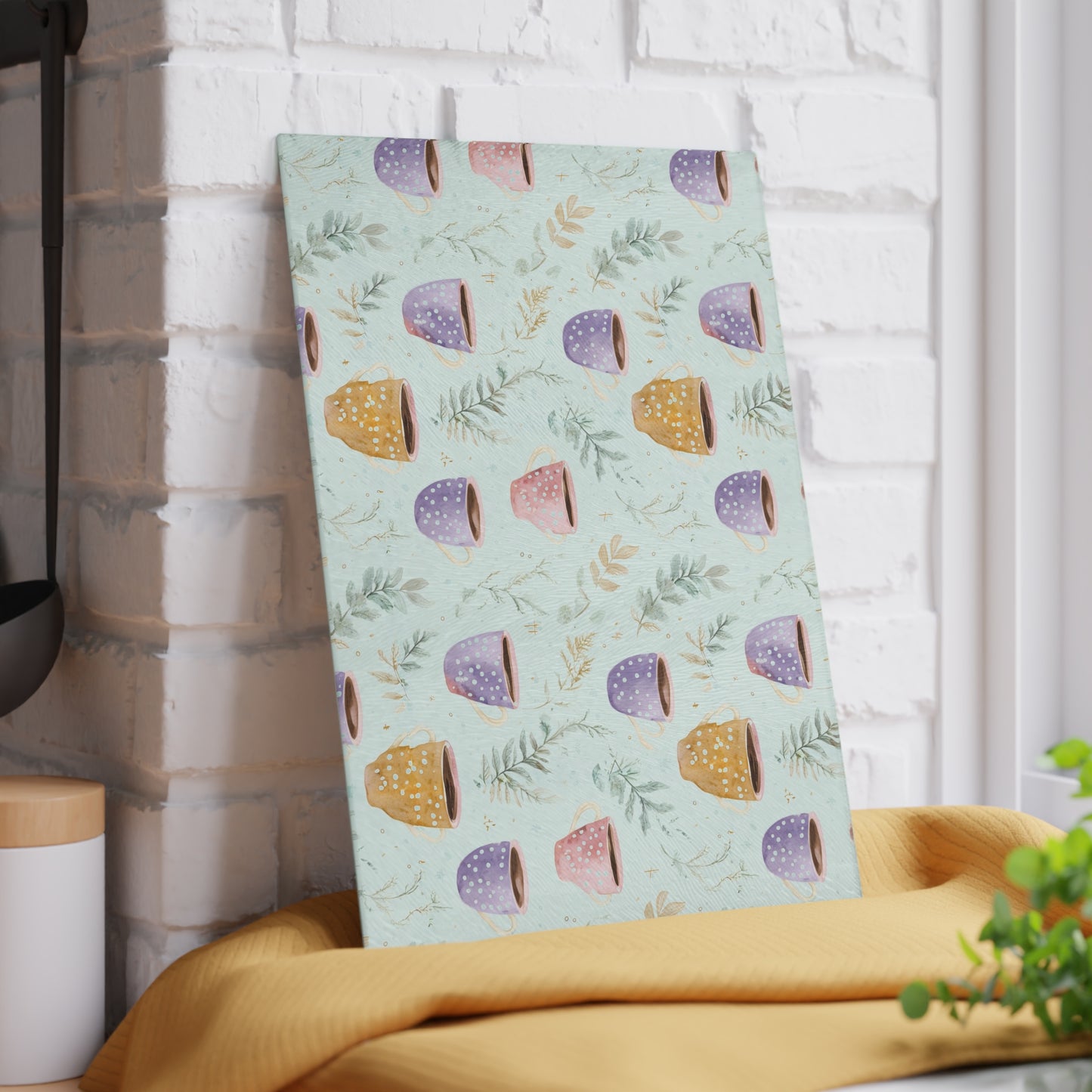 Ceramic Mugs Pattern Glass Cutting Board — Pastel Teacup Kitchen Chopping Board