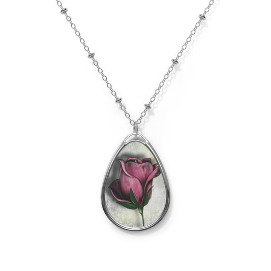 Elegant Floral Oval Necklace with Rose Design, Gift for Her, Birthday Jewelry, Delicate Charm, Nature Inspired Accessory