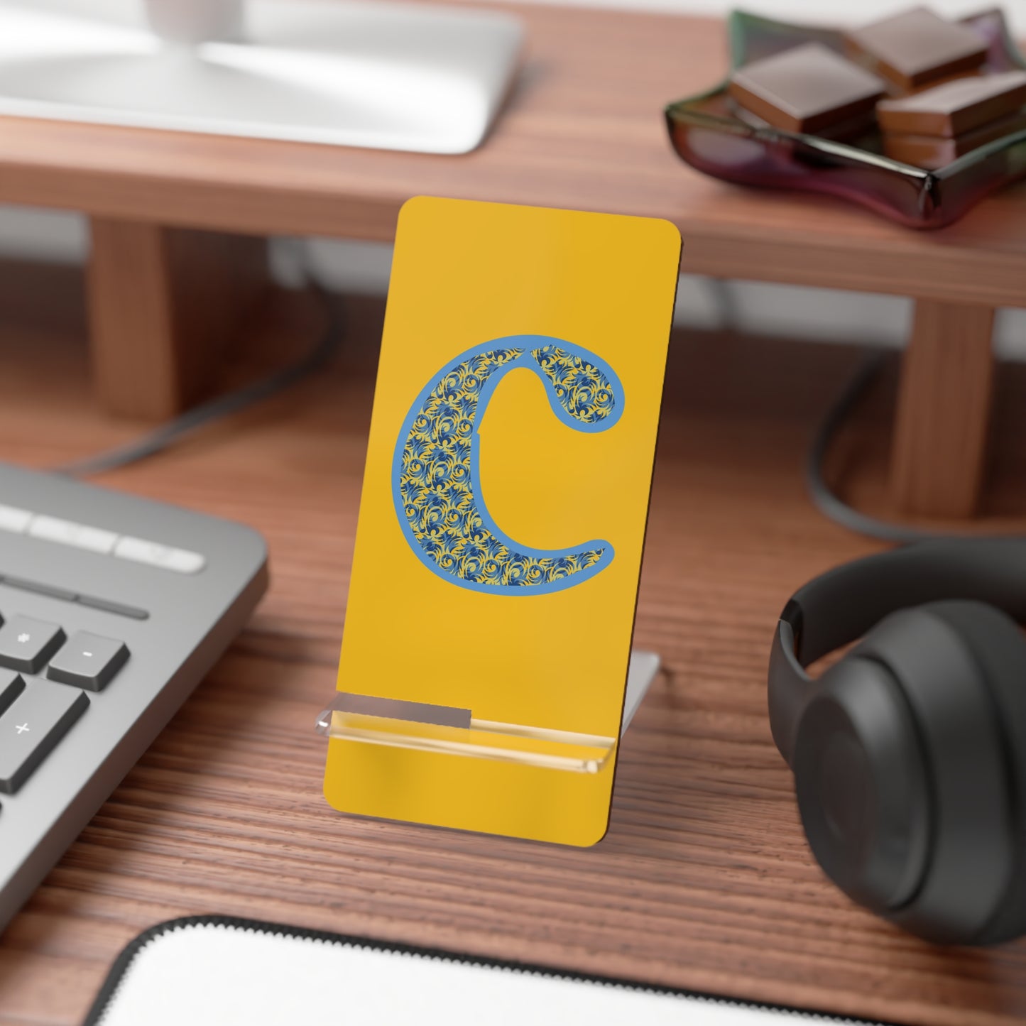 Monogram C Phone Stand — Yellow Floral 'C' Mobile Display Holder
