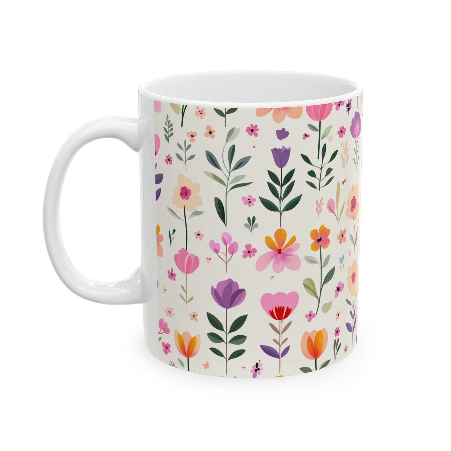Floral Pattern Ceramic Mug — Pink Spring Flowers 11oz & 15oz
