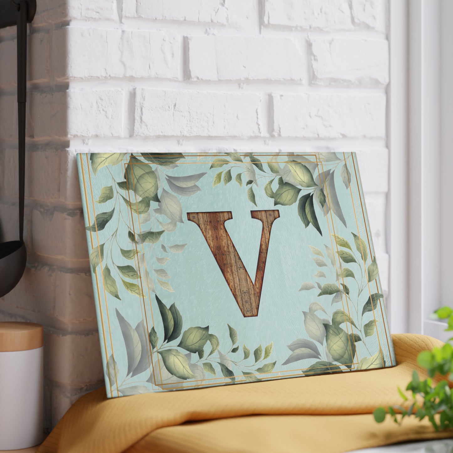 Monogram Glass Cutting Board — Rustic Wood “V” with Greenery Border