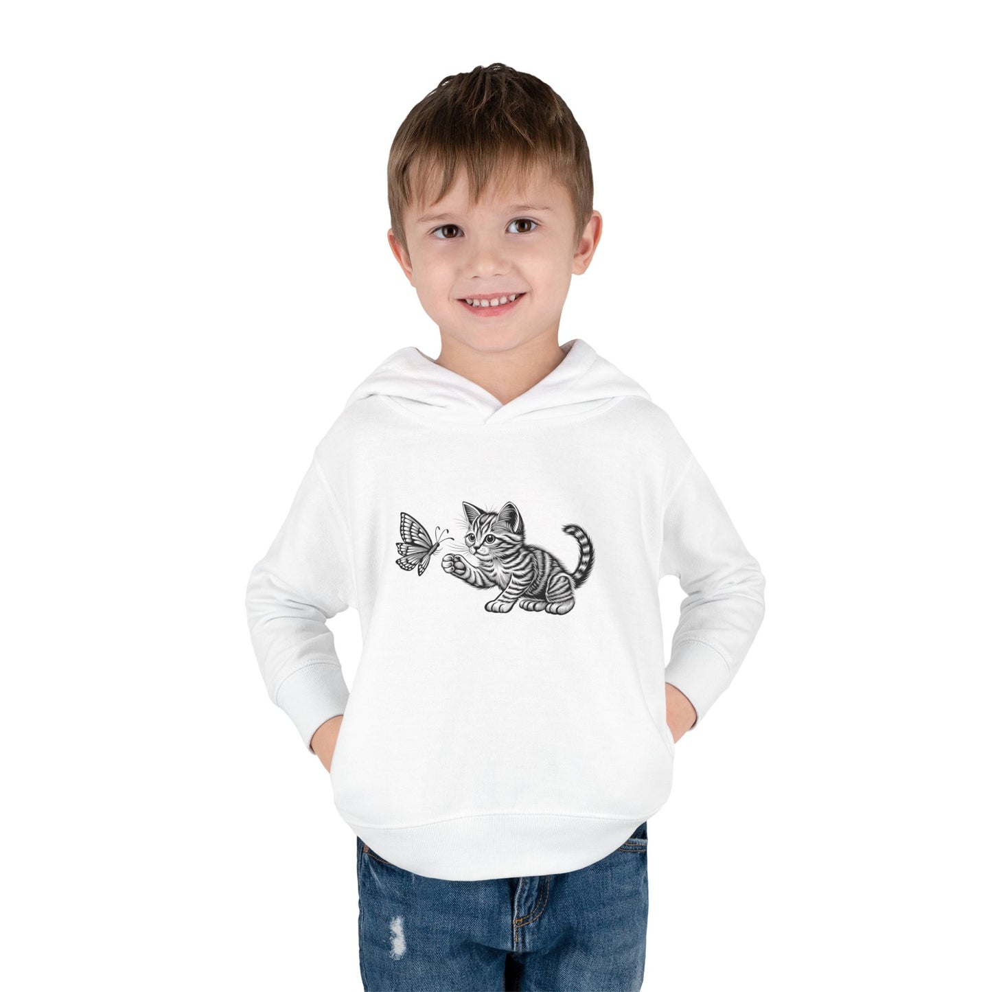 Cute Cat and Butterfly Toddler Hoodie, Toddler Pullover, Kids Fleece Hoodie, Animal Lover Gift, Playtime Pullover