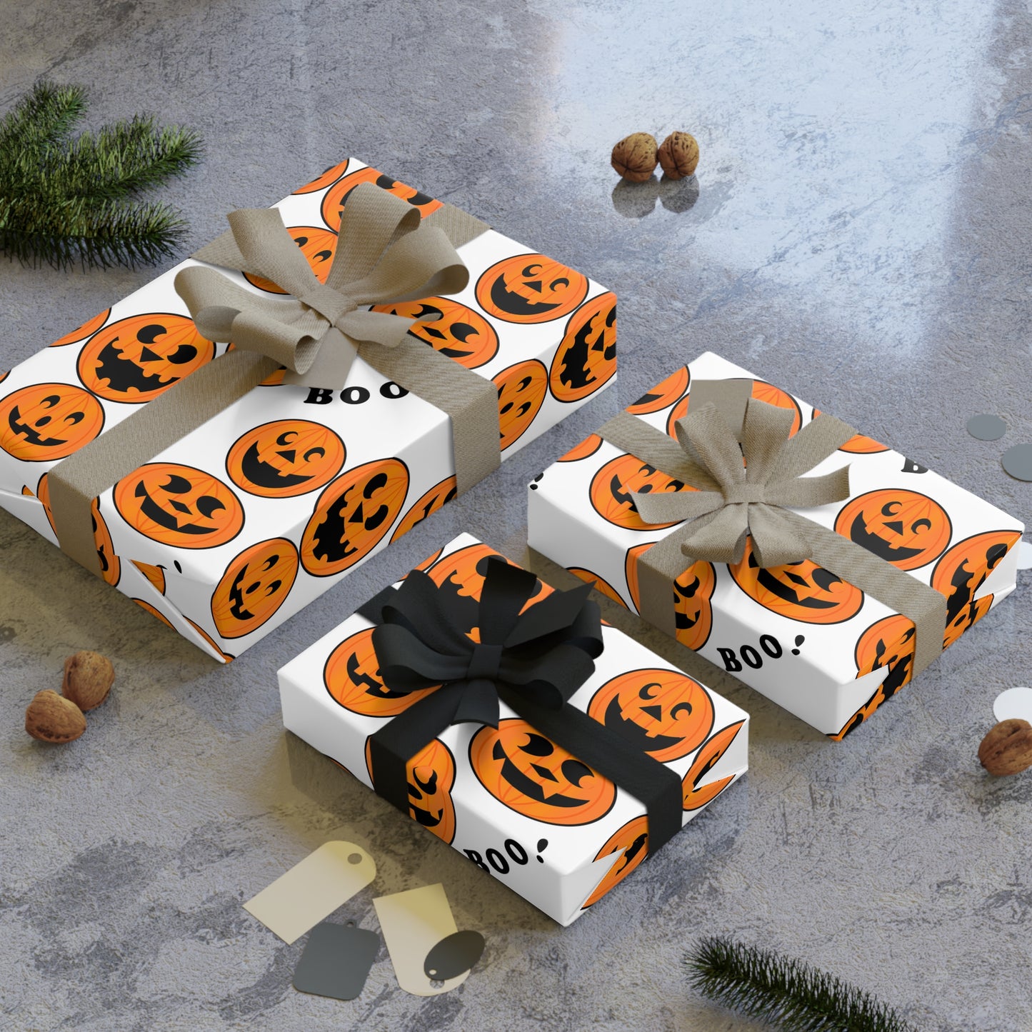 Halloween Gift Wrapping Paper Roll, Spooky Pumpkin Design for Kids, Boo! Pattern, Holiday Party Supplies, Trick or Treat Decor