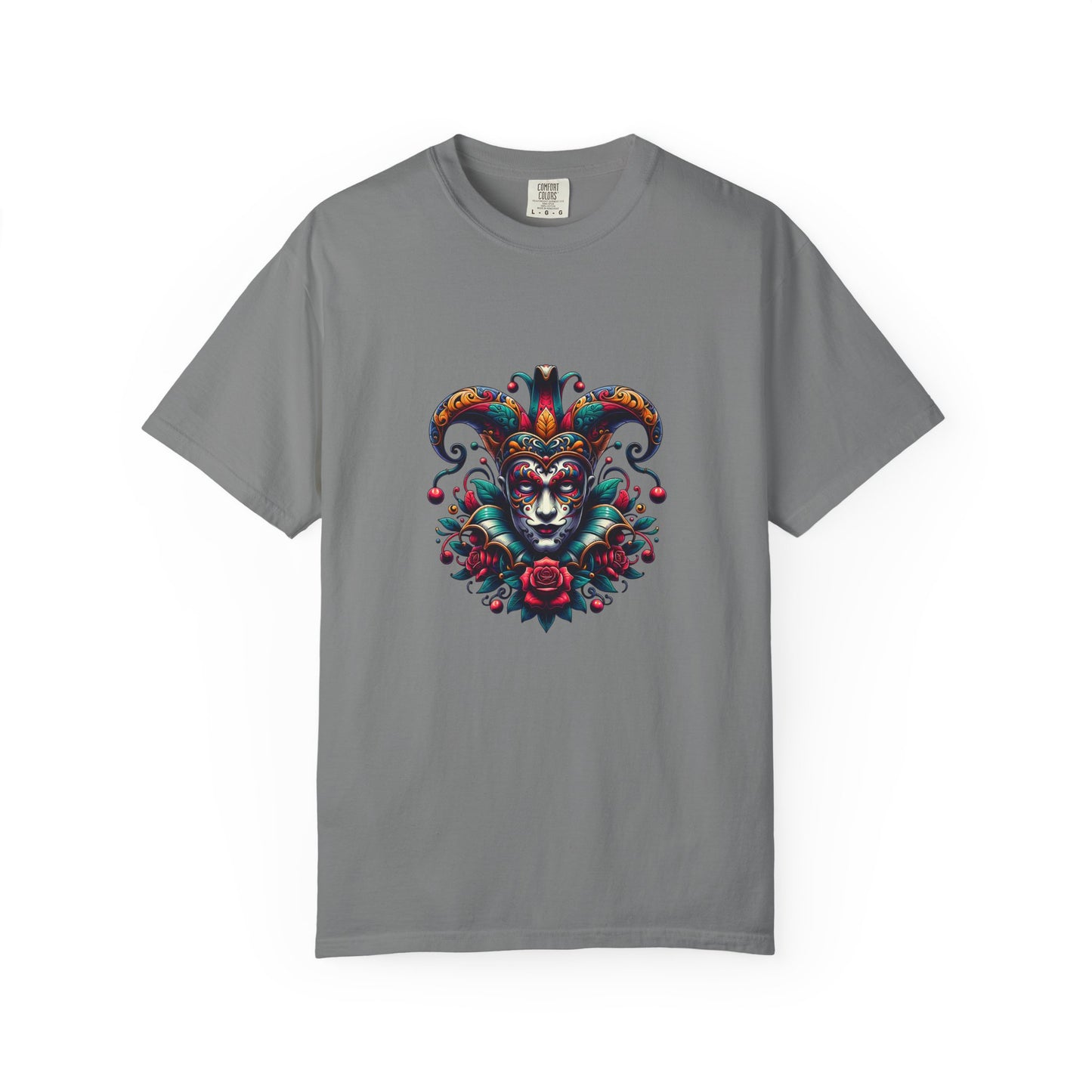 Vibrant Unisex Garment-Dyed T-shirt Featuring Colorful Jester Design, Festival Fashion