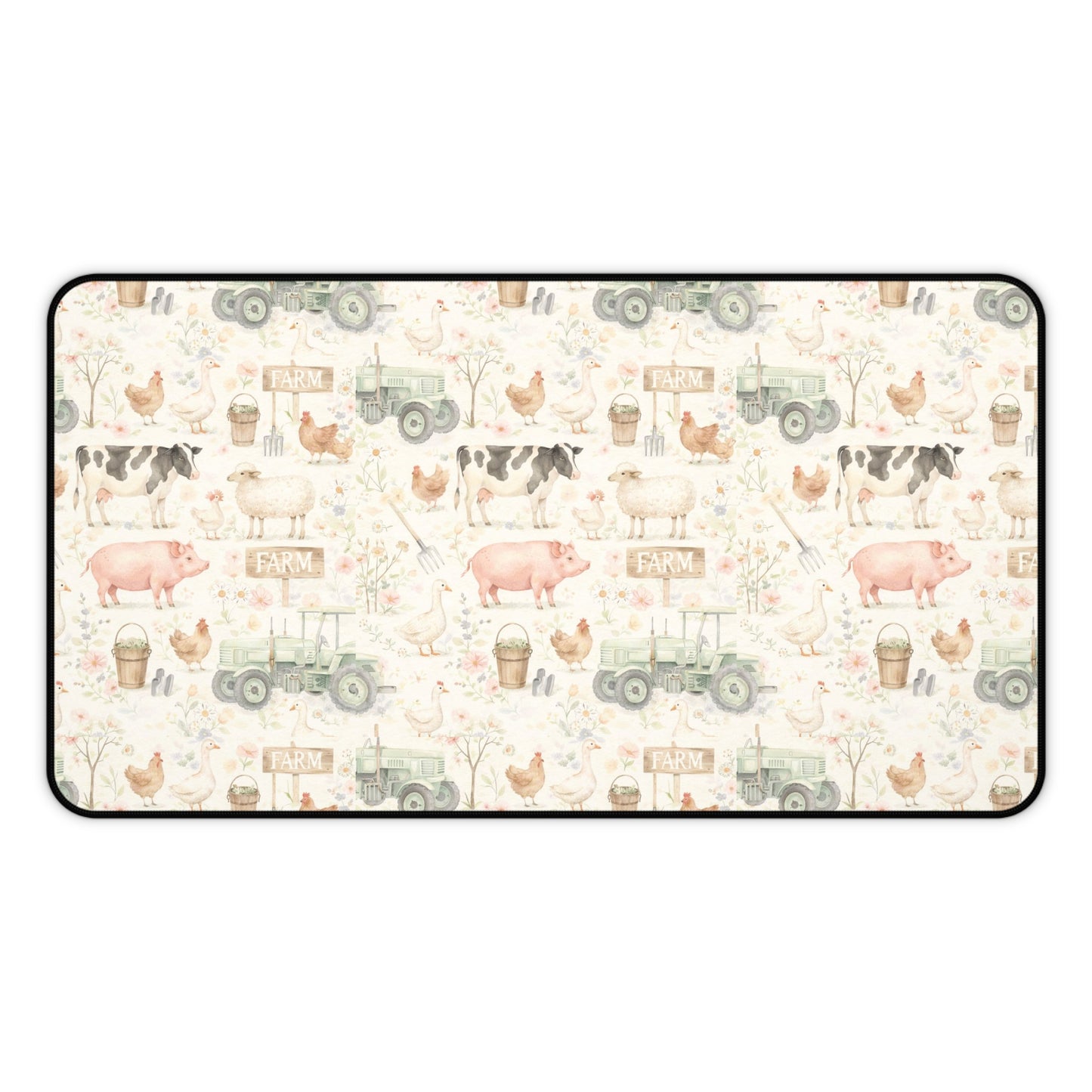 Farmhouse Animals Desk Mat — Vintage Tractor, Pig & Chicken Pattern