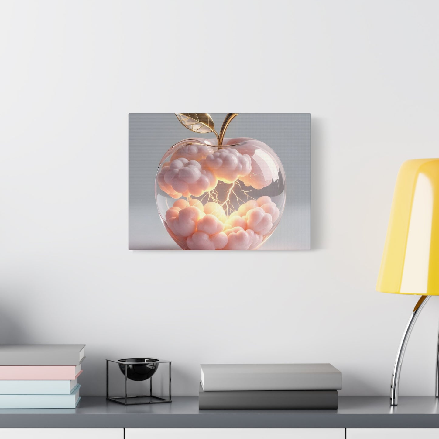 Surreal Glass Apple Canvas – Lightning & Pink Clouds Wall Art