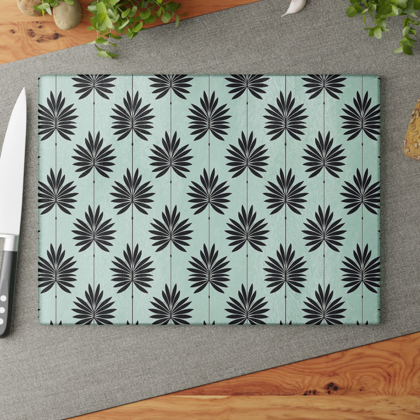 Palm Leaf Glass Cutting Board — Modern Mint Patterned Kitchen Board