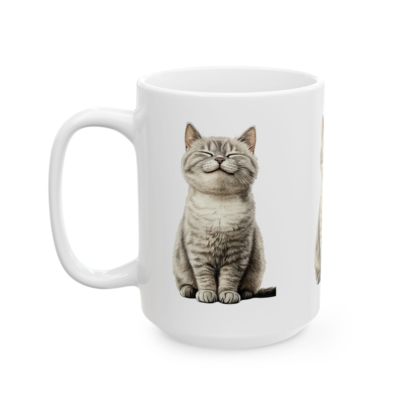 Smiling Grey Tabby Cat Ceramic Mug — Cute Cat Lover Coffee Cup (11oz & 15oz)