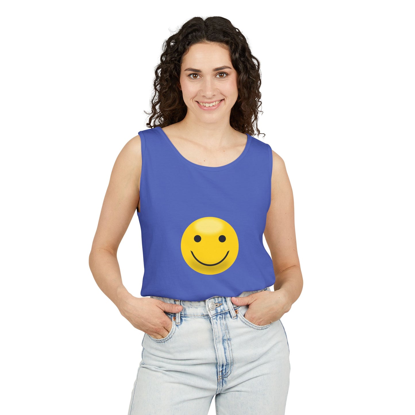 Smiley Face Tank Top, Summer Shirt, Casual Wear, Beach Outing, Gift for Friends, Positive Vibes Apparel