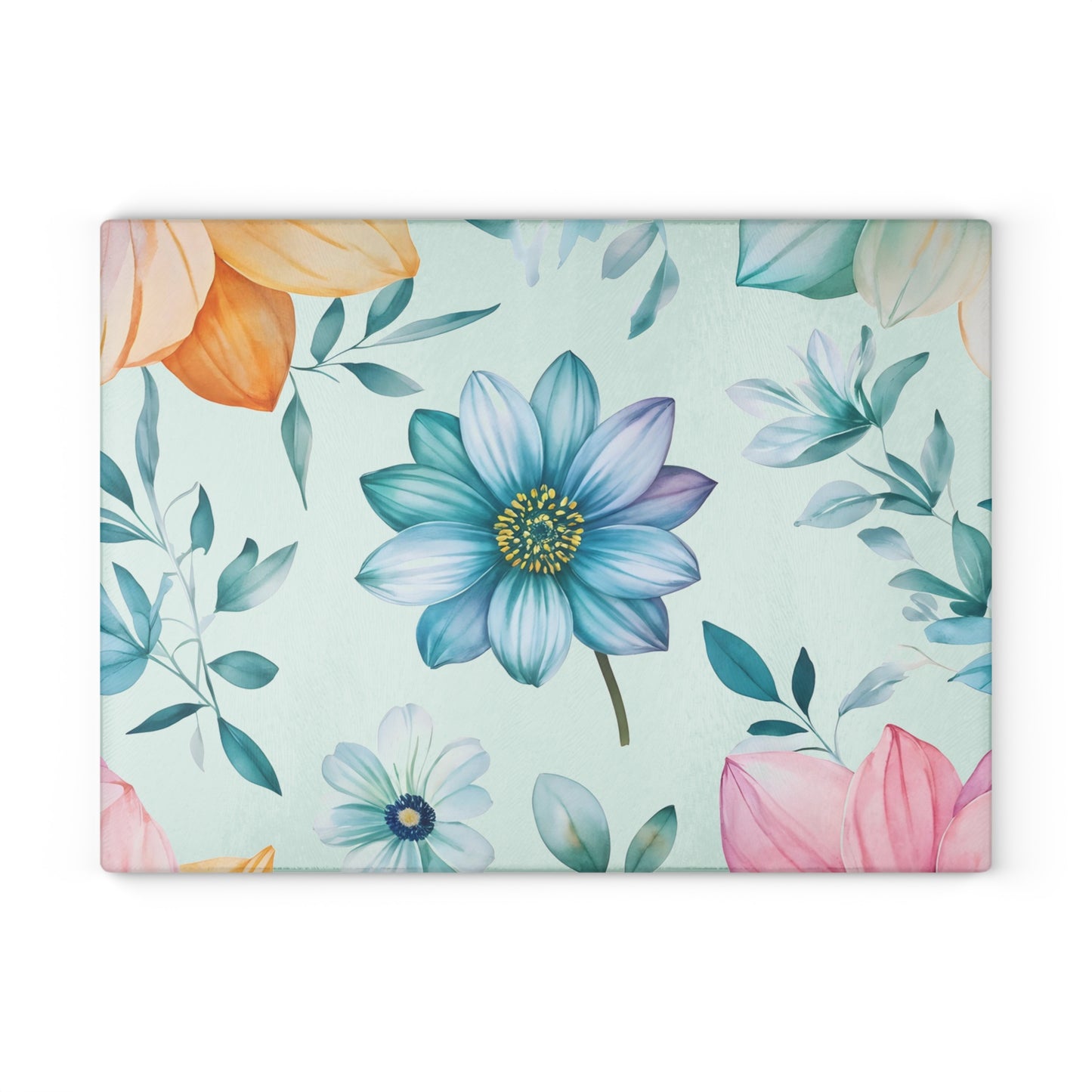 Floral Glass Cutting Board — Pastel Blue Watercolor Flowers