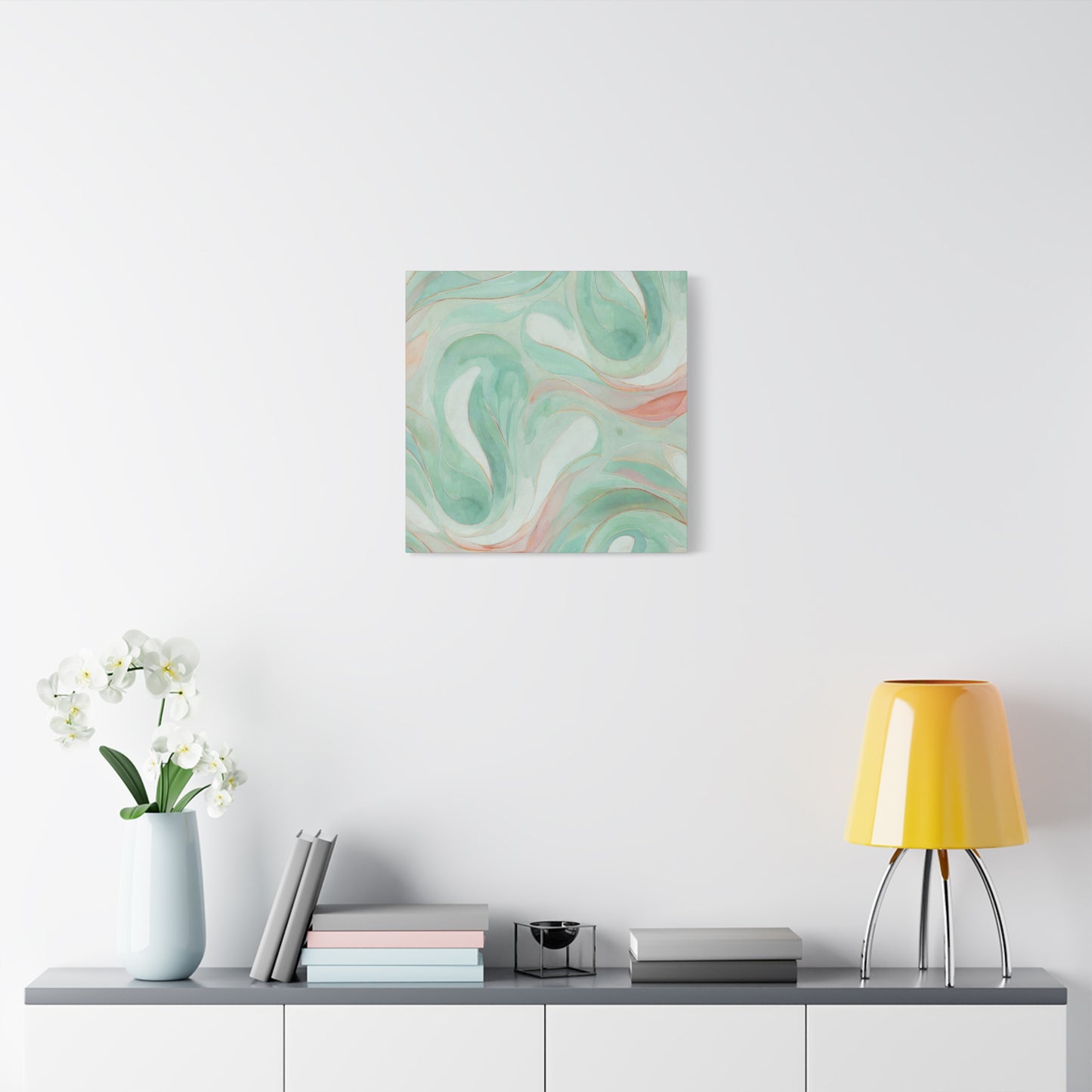 Abstract Green Marble Canvas Print — Teal & Coral Swirl Wall Art