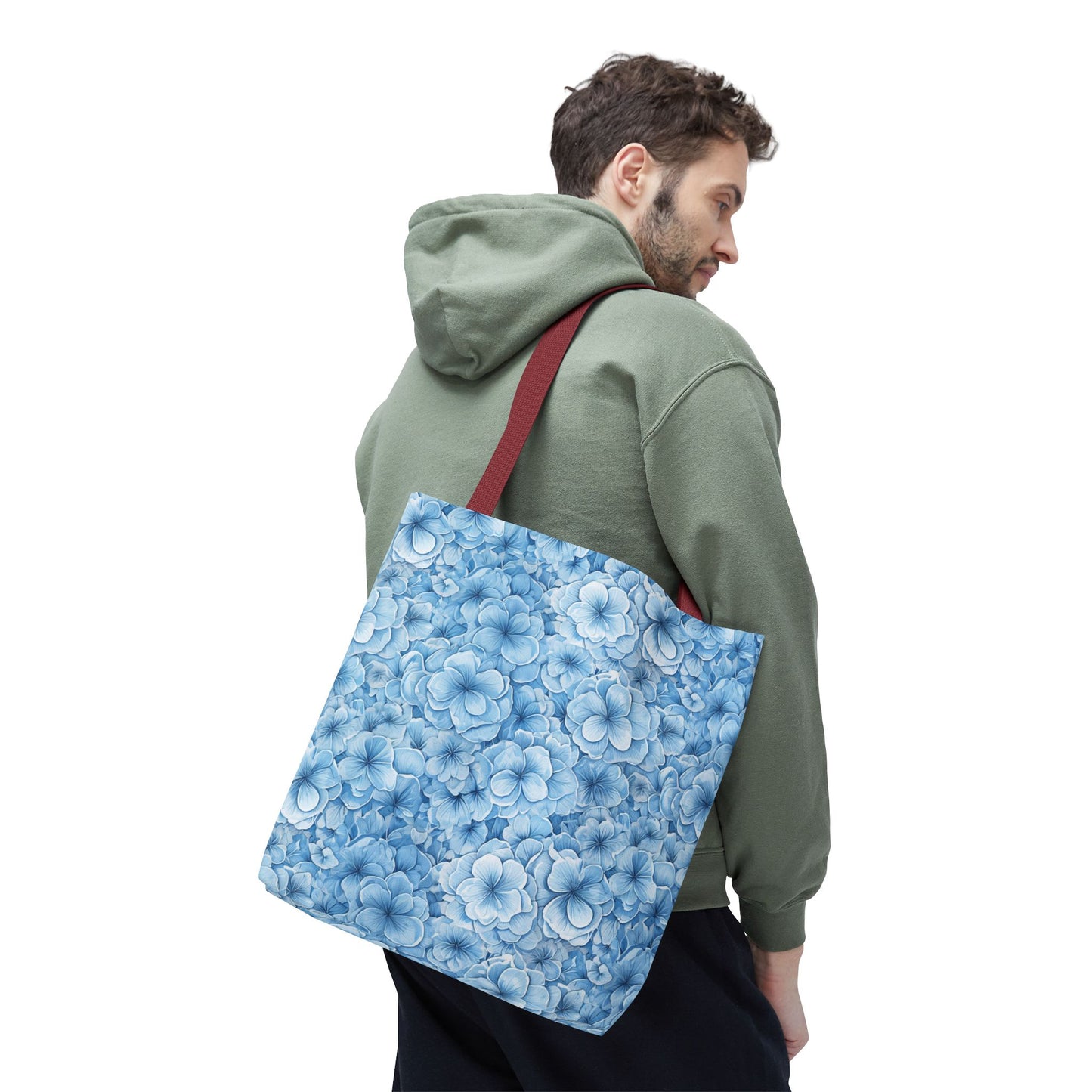 Blue Watercolor Floral Tote Bag — Reusable Flower Pattern Shopper