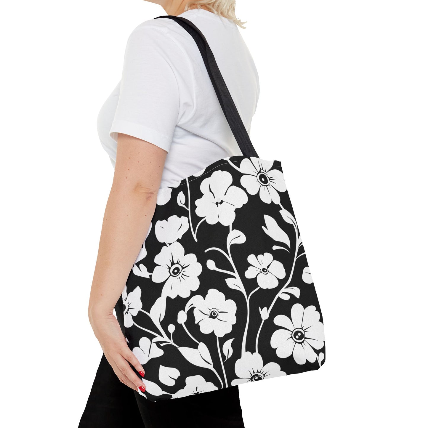 Elegant Floral Tote Bag, Black and White Tote, Eco-Friendly Shopping Bag