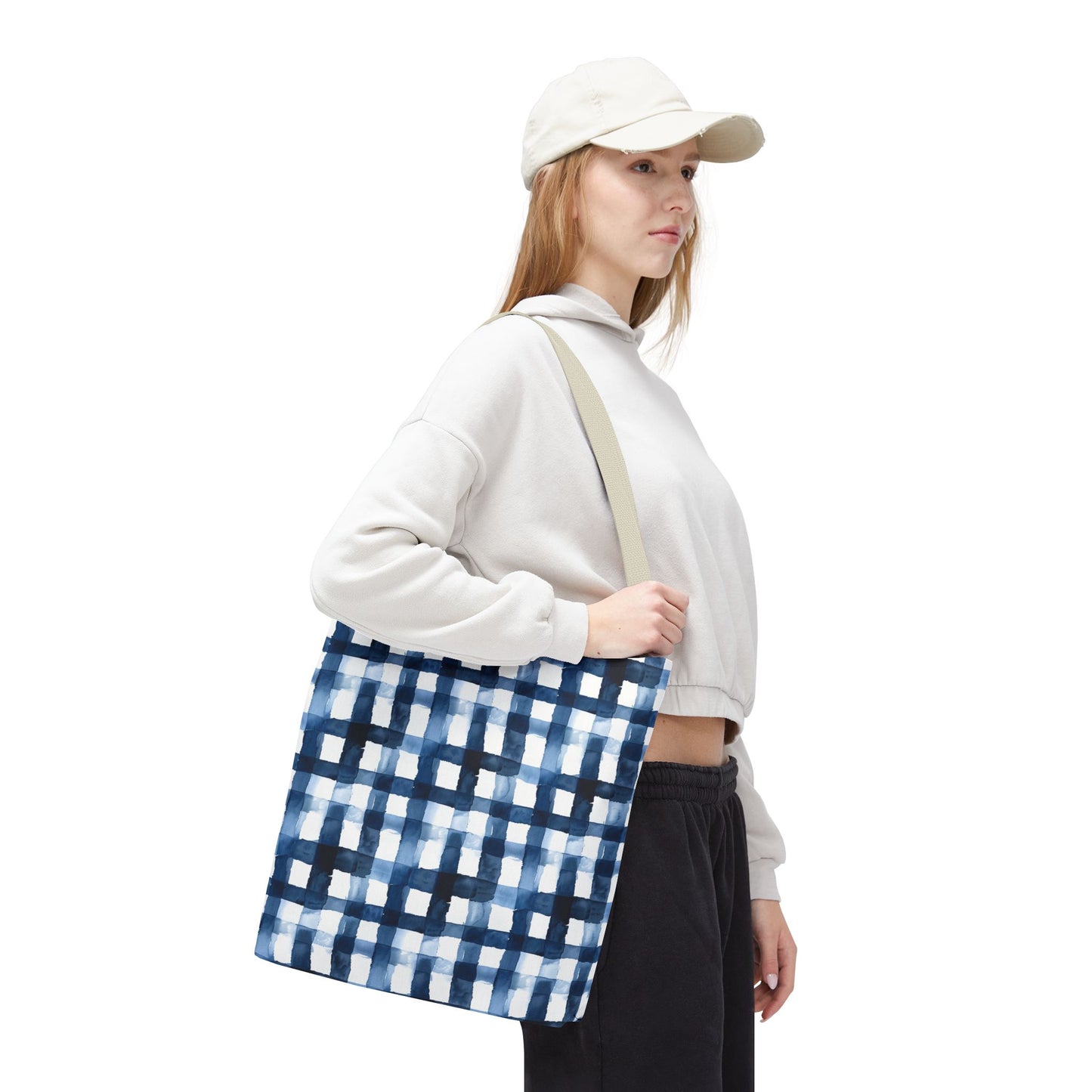Blue Watercolor Plaid Tote Bag — Navy Check Pattern All-Over Print