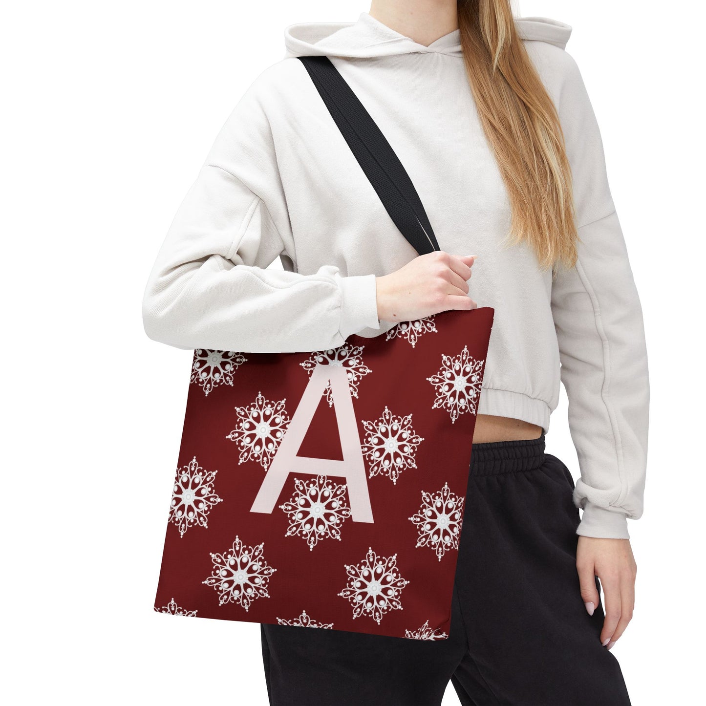 Monogram A Snowflake Tote Bag — Personalized Holiday AOP Tote