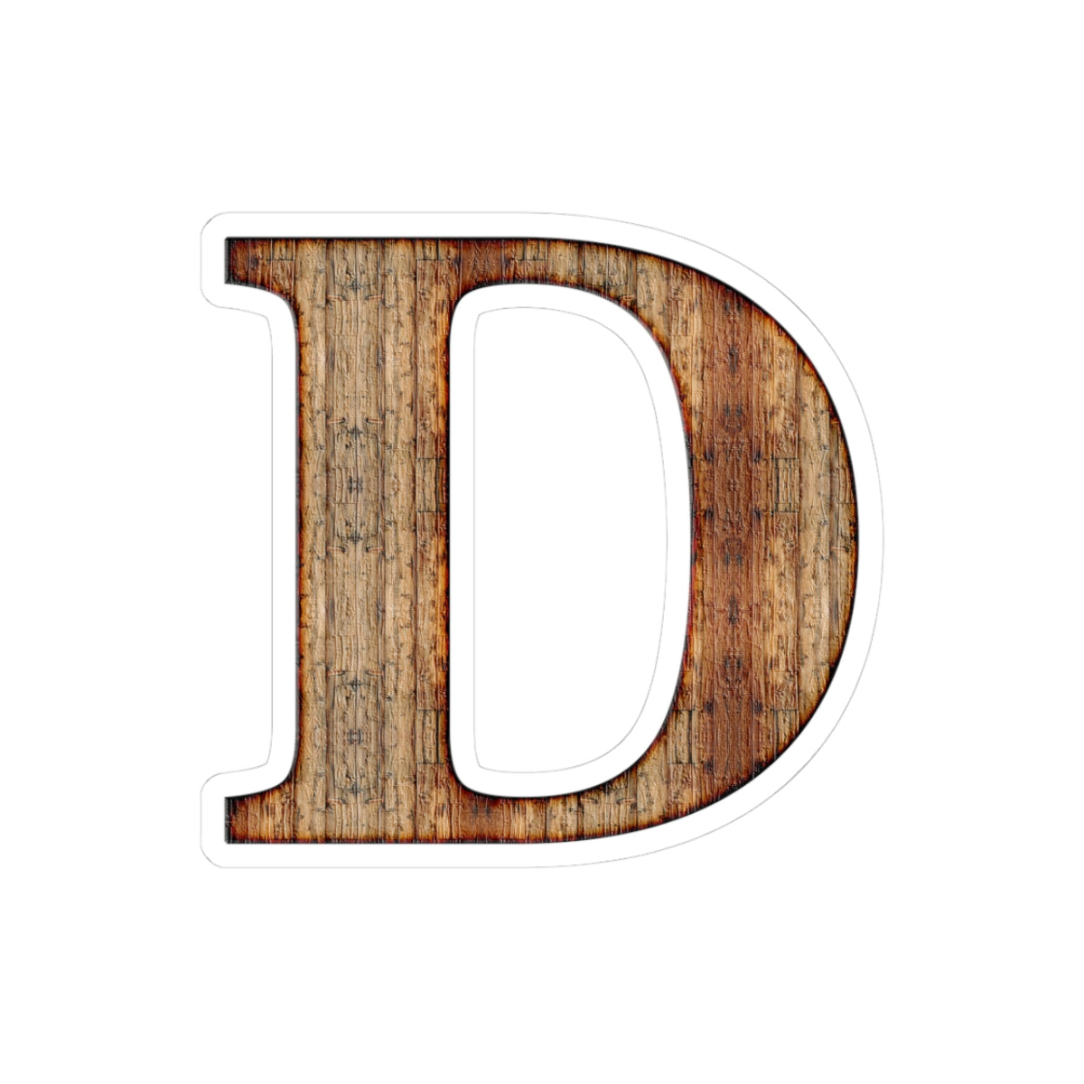 Wood Grain Letter D Sticker — Rustic Monogram Kiss-Cut Sticker for Laptops & Water Bottles