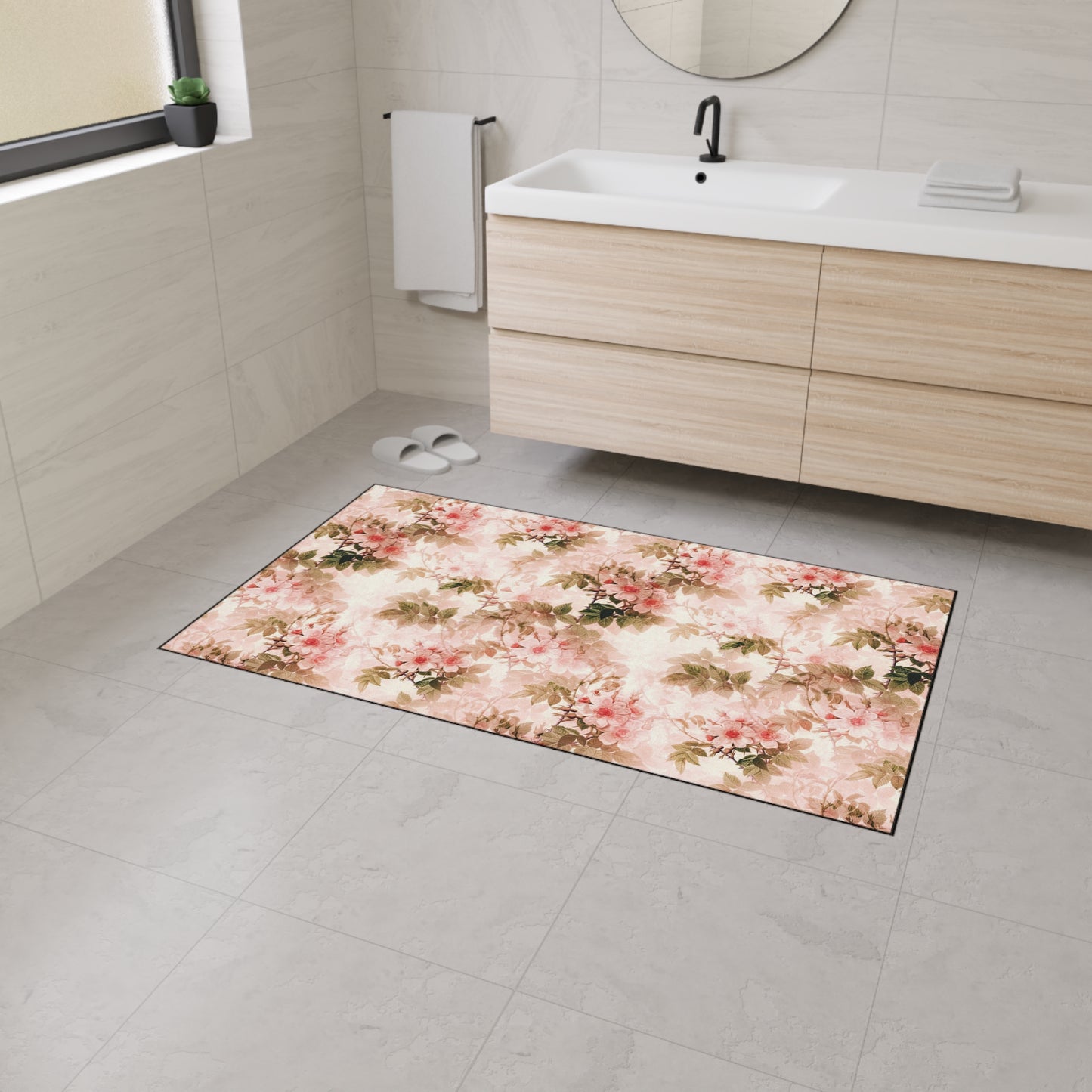 Floral Vintage Heavy-Duty Floor Mat — Pink Rose Garden Rug