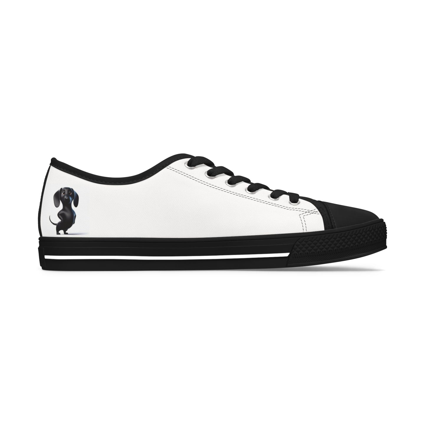 Low Top Sneakers — White Casual Women's Canvas Shoes with Small Black Cat Silhouette