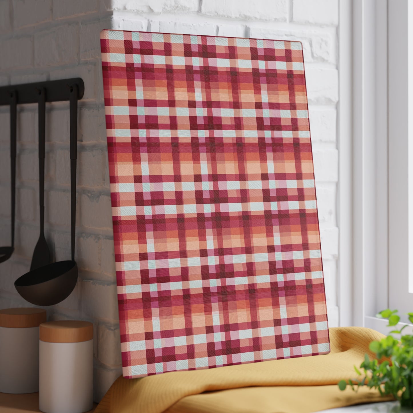 Plaid Glass Cutting Board – Warm Red & Peach Patterned Kitchen Board