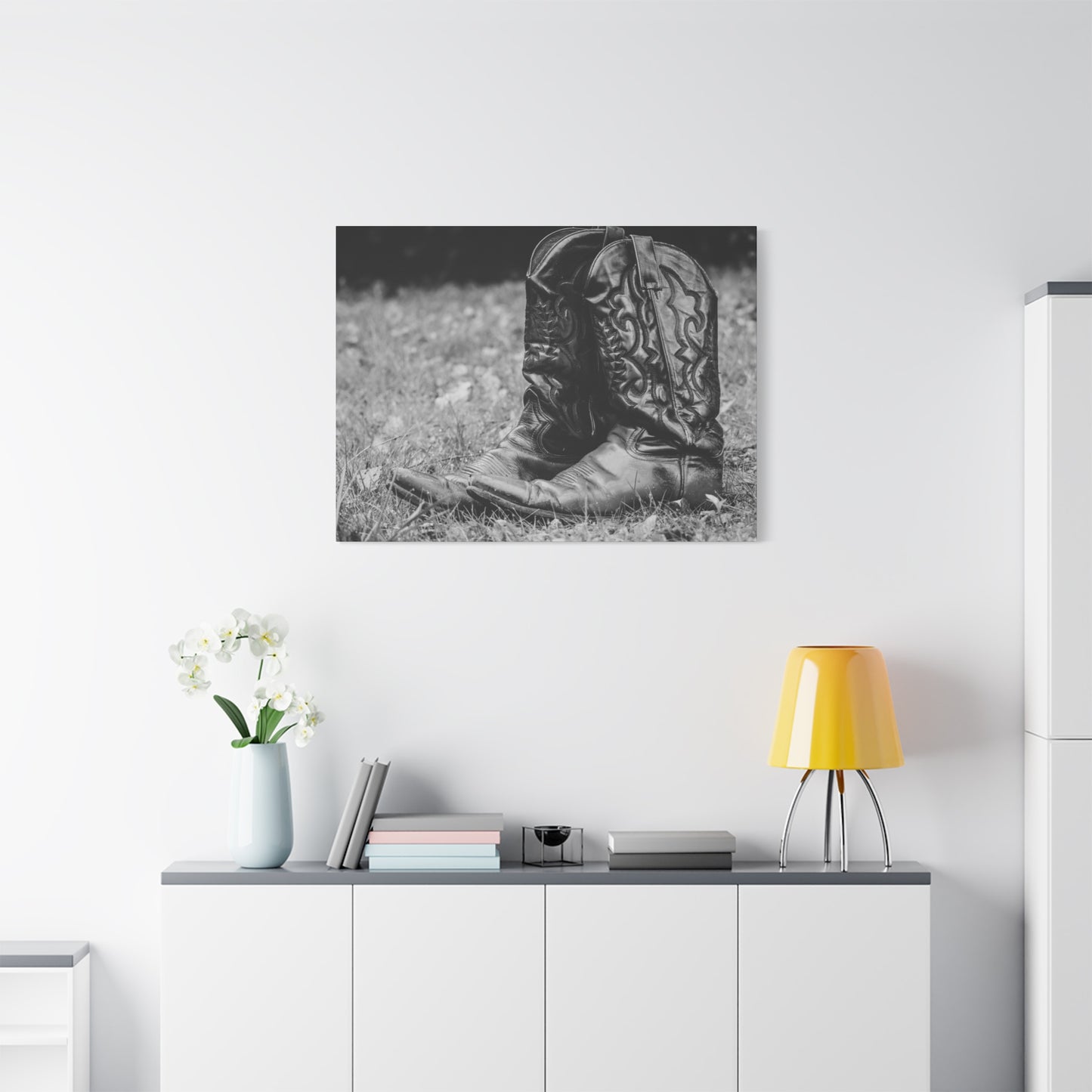 Western Cowboy Boots Matte Canvas Wall Art – Black & White Rustic Country Decor