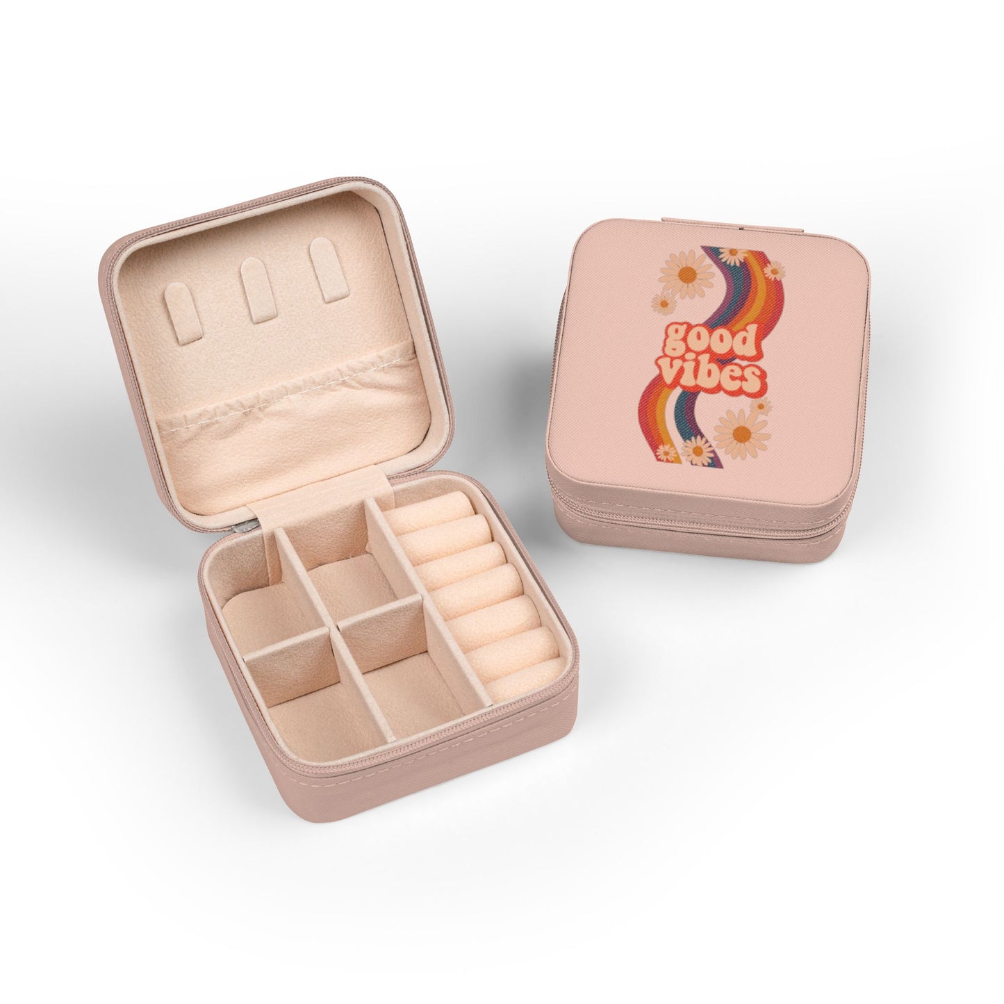 Good Vibes Jewelry Travel Case — Compact Retro Rainbow Daisy Jewelry Organizer