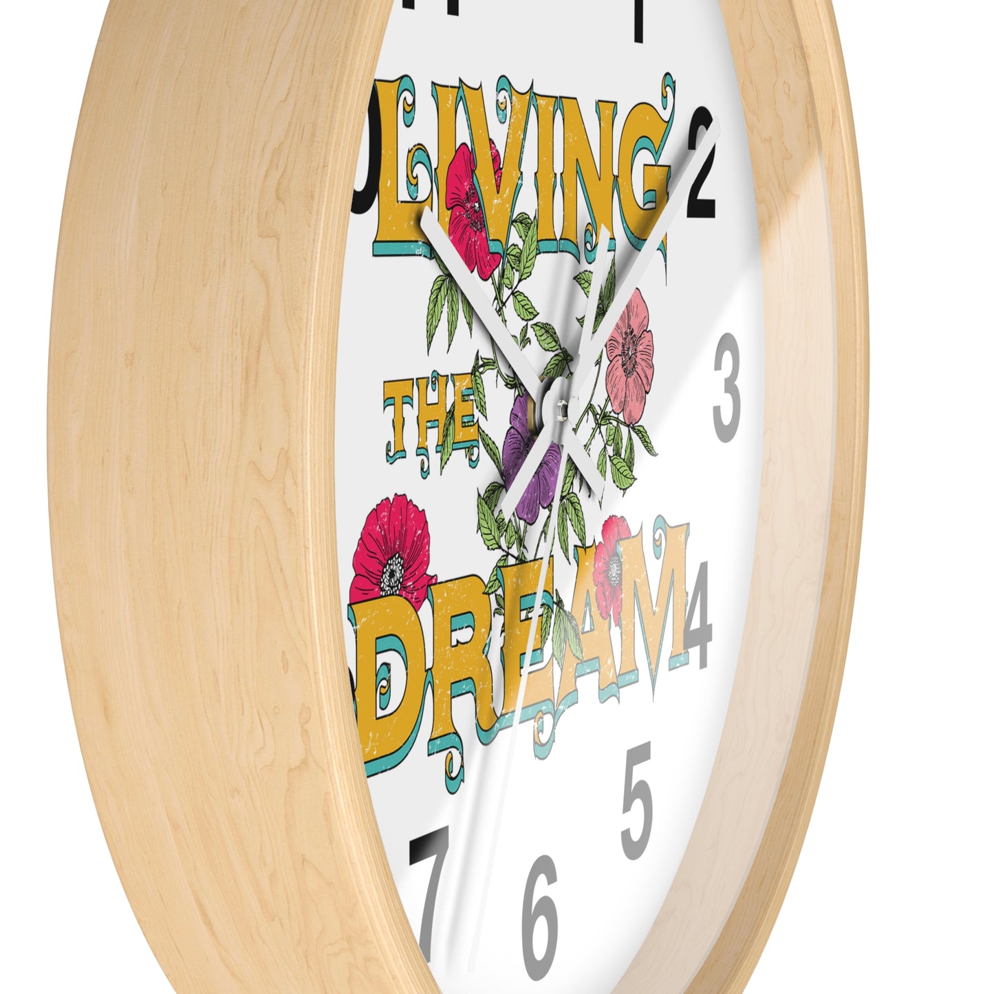 Living the Dream Floral Wall Clock, Boho Home Decor, Motivational Gift, Office Clock, Unique Wall Art
