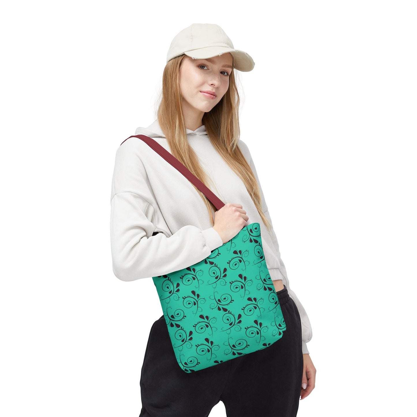 Turquoise Floral Swirl Tote Bag – All-Over Print Stylish Shopping Bag