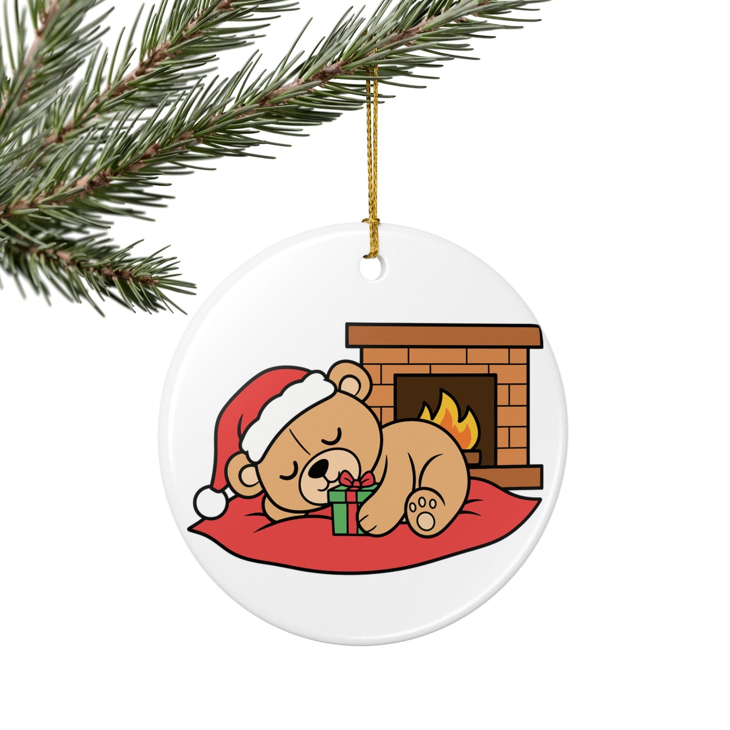 Sleeping Teddy Bear Christmas Ornament — Ceramic Holiday Tree Decoration (2-Sided)