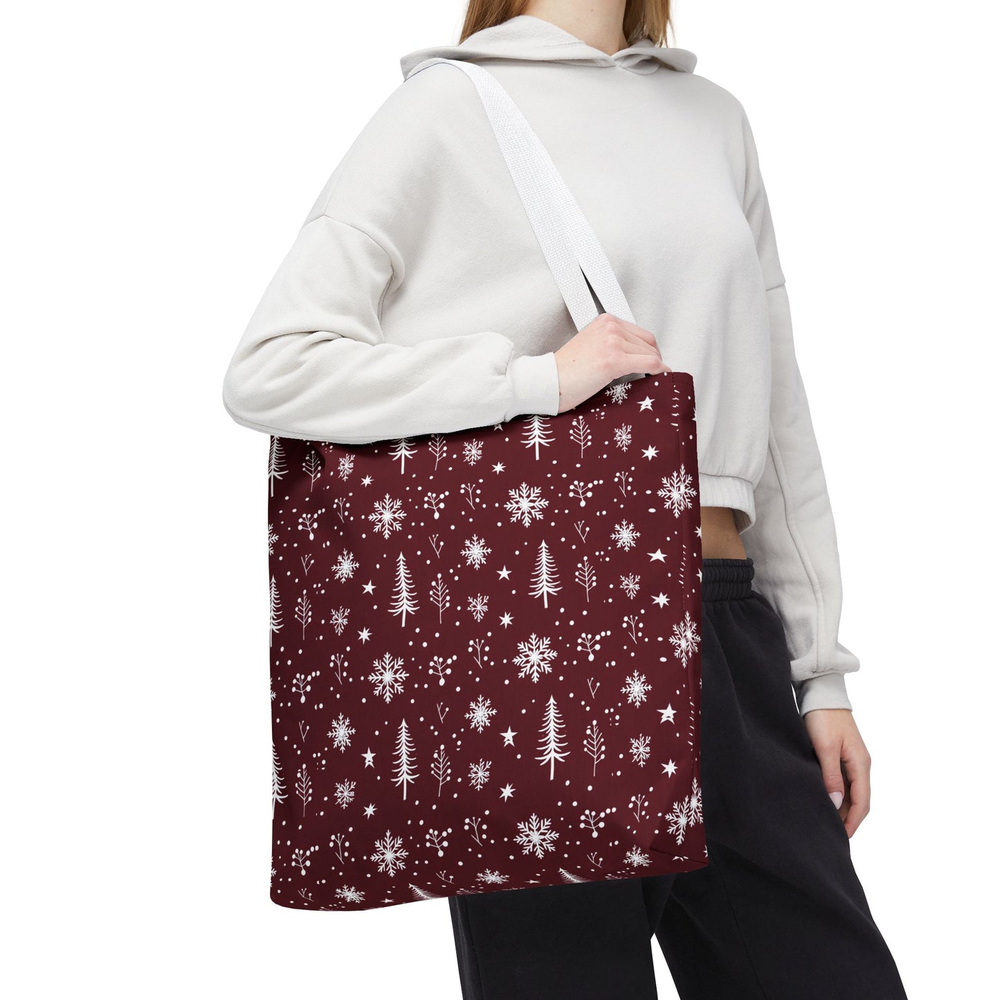 Christmas Snowflake Tote Bag – Burgundy Holiday Patterned Carryall
