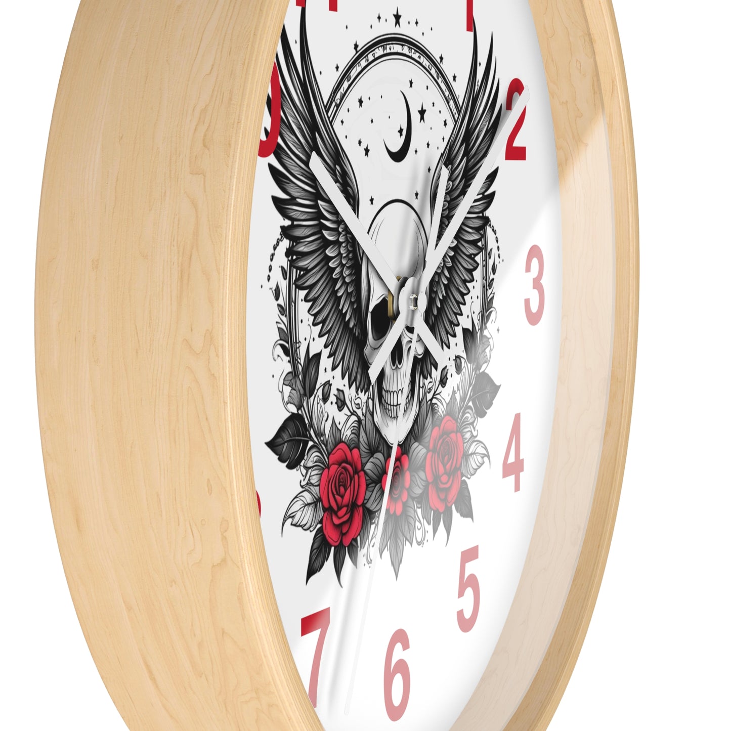 Winged Skull with Red Roses Wall Clock | Gothic Moon Skull Clock