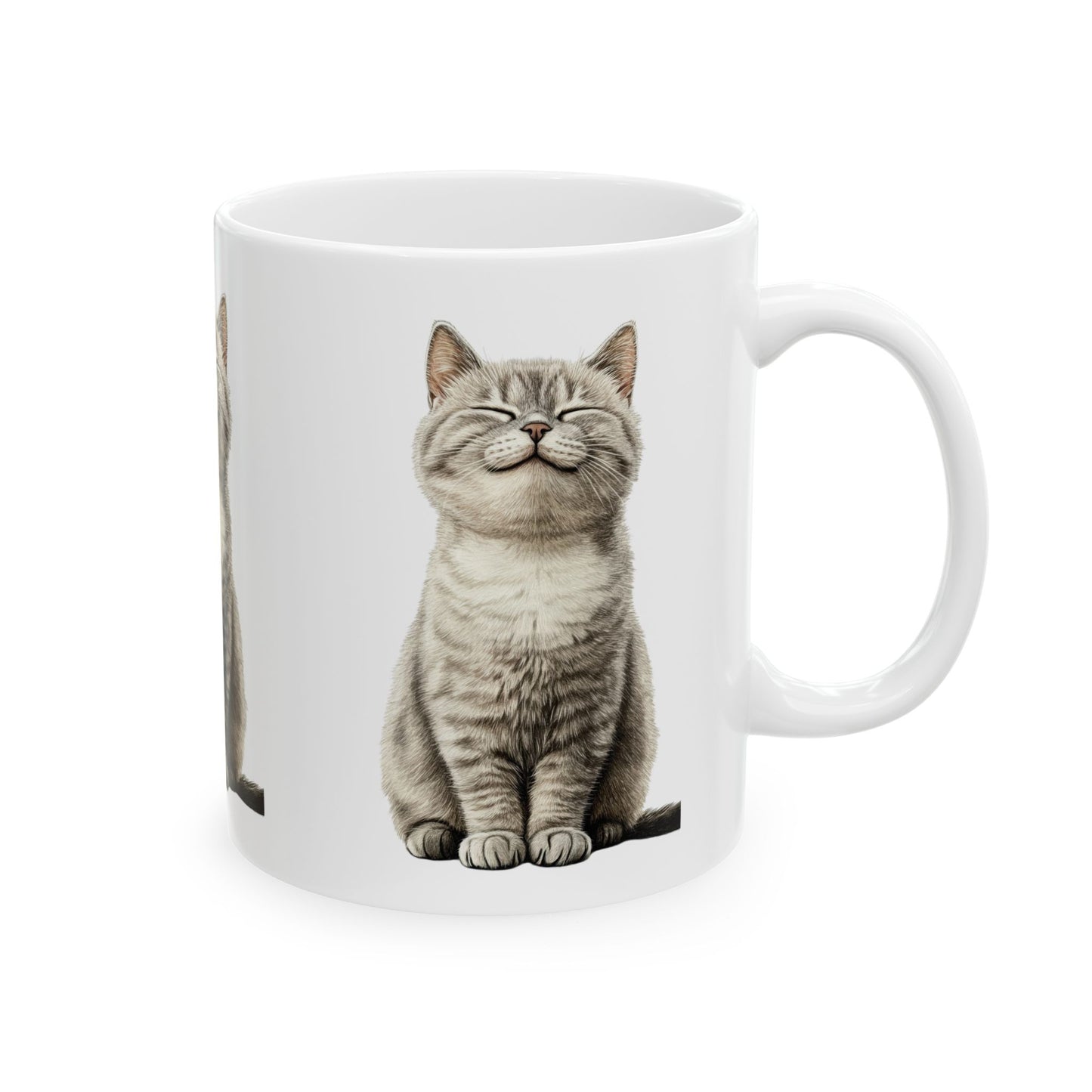 Smiling Grey Tabby Cat Ceramic Mug — Cute Cat Lover Coffee Cup (11oz & 15oz)