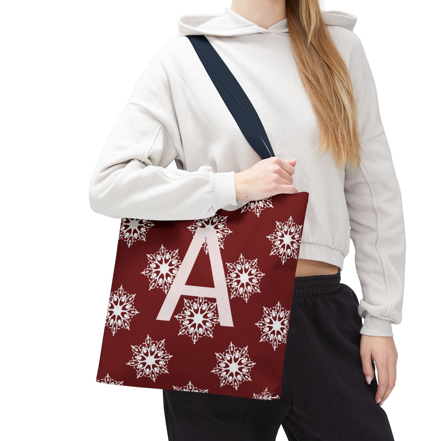 Monogram A Snowflake Tote Bag — Personalized Holiday AOP Tote