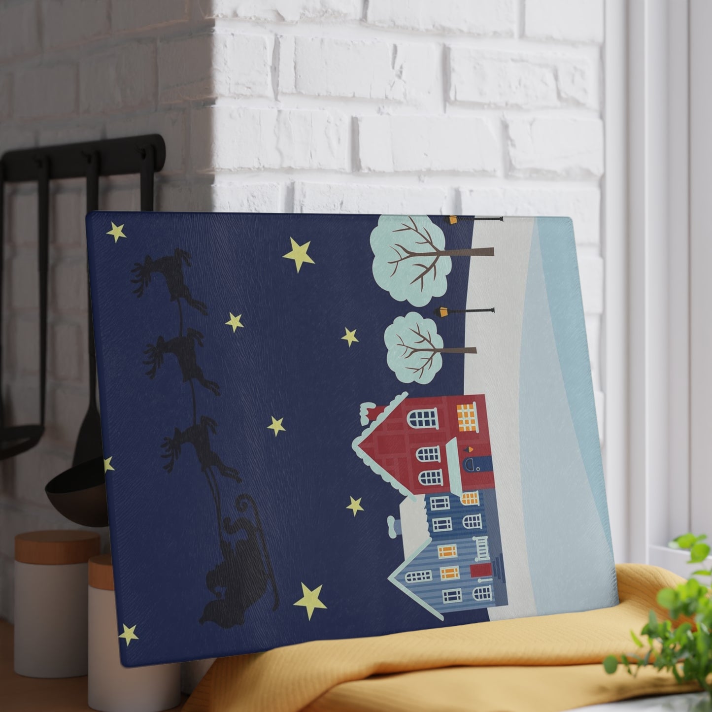Santa Sleigh over Snowy Village Glass Cutting Board Christmas Kitchen Decor