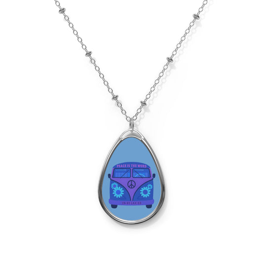 Boho-Inspired Oval Necklace with Vintage Van Design, Peace Sign Jewelry, Gift for Hippie Lovers, Casual Wear Accessory, Unique Charm