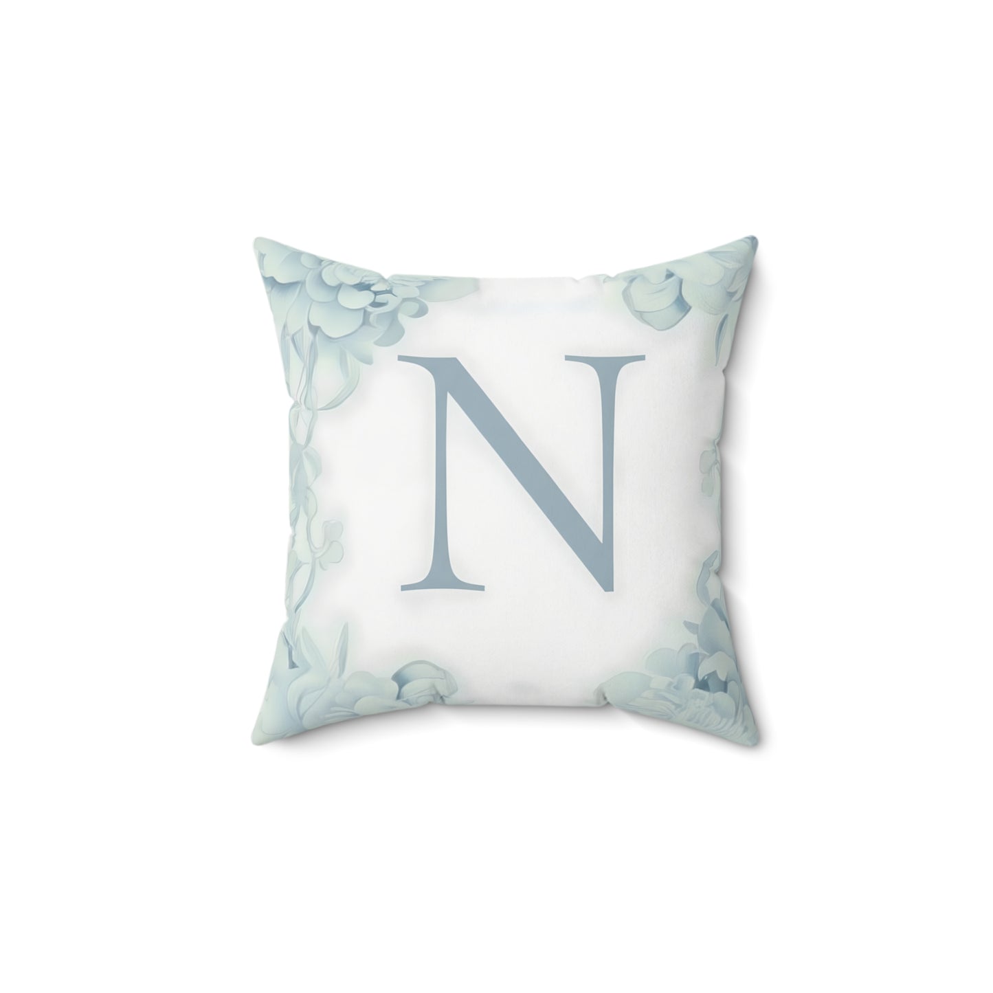 Monogram N Floral Throw Pillow — Soft Blue Initial Decorative Accent