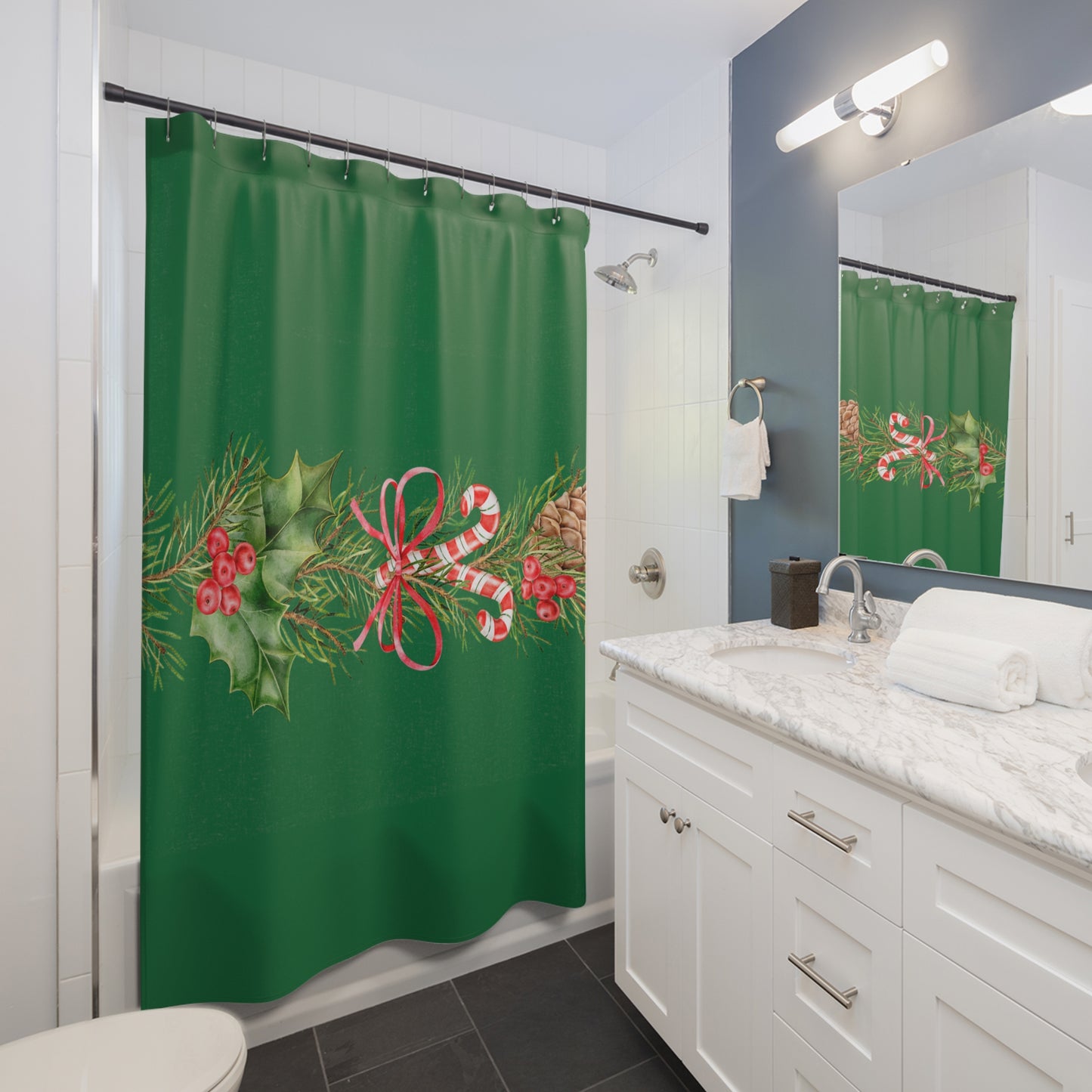 Christmas Green Shower Curtain — Holiday Pine, Candy Cane & Holly Garland Bathroom Decor