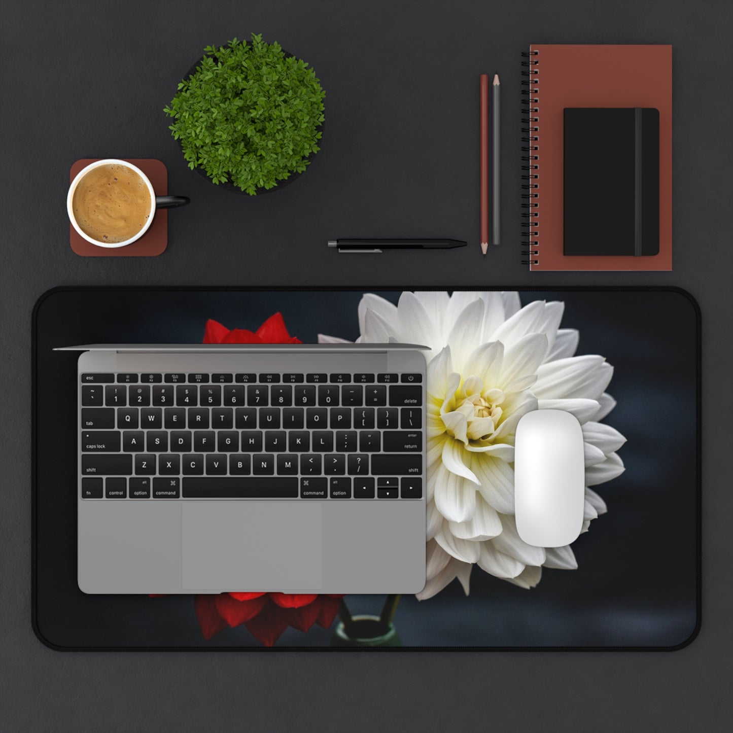Dahlia Duo Desk Mat — Red & White Floral Mouse Pad